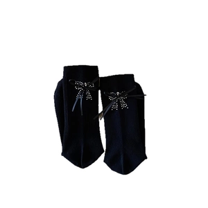 Elegant black mid-calf socks with rhinestone bow decor in Korean preppy style