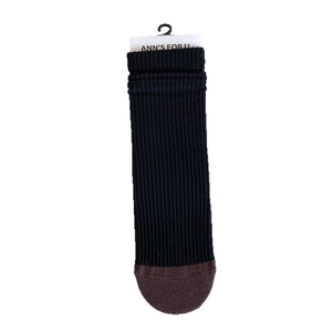 Ribbed knit crew socks in navy blue with brown contrast toe and brand label packaging