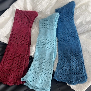 Women's vintage knit leg warmers in burgundy, light blue and navy with hollow floral patterns
