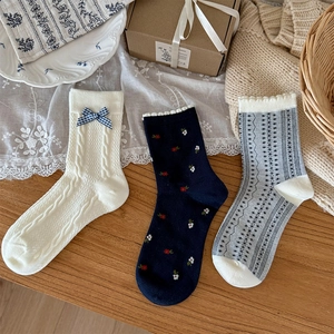 Chaussettes Mi-Mollet En Coton Doux Pour Femmes Avec Nœud Imprimé Fleuri Bordure À Volants Style JK Vintage