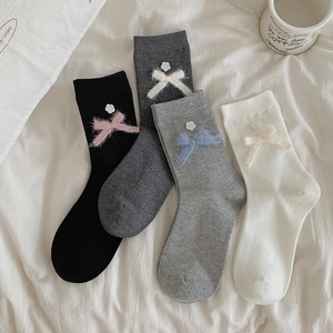 Women Japanese Sweet Crew Socks Cotton Ribbed Knit With Plush Bow And Artificial Pearl Flower JK Style Accessory