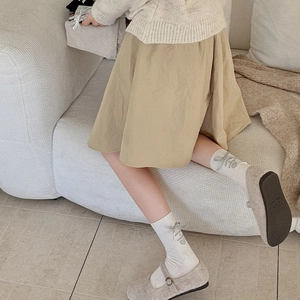 White mid-calf socks with grey bow, heart embroidery and beige skirt outfit set