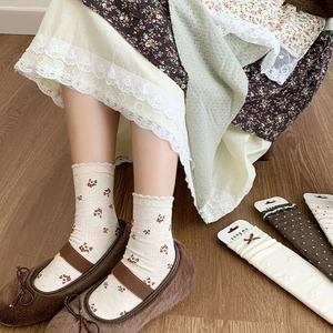 Japanese retro mid-calf socks featuring floral embroidery, polka dots and bow details