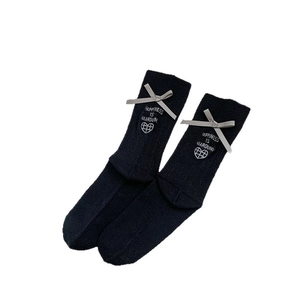 Black mid-calf socks with grey bows and heart embroidery with happiness slogan