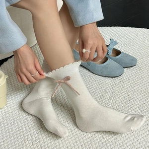 Vintage cream socks with pink bow and ruffle cuffs, stylish Japanese mid-calf hosiery