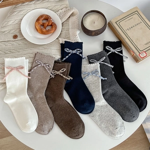 Women Mid Calf Crew Socks Cotton Knitted Plaid Bows Scalloped Edges Sweet Retro Style Solid Color Breathable