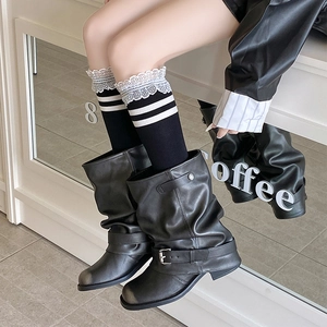 Black leather slouch boots paired with white lace-trimmed knee-high striped socks
