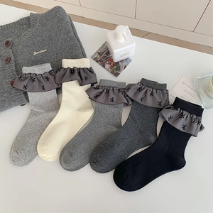 Damen Socken Aus Baumwollmischung Mit Gerippter Textur Rüschenbündchen Und Schleife Süßer Ballettstil Kawaii Slouch Socken