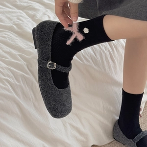 Japanese style black calf socks with pink bow tie and white flower details
