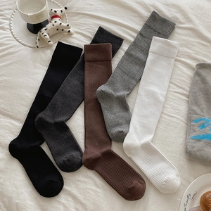 Women Knee High Socks Japanese Style Ribbed Knit Solid Color Slouch Calf Length Elastic Fashion Leg Warmers