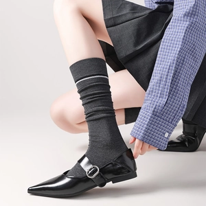 Detail of dark grey knee high socks with white stripes paired with Mary Jane shoes