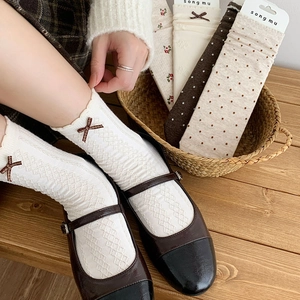 Japanese style bow crew socks with floral patterns and vintage knit texture for women