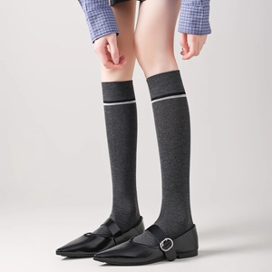 Dark grey over-the-knee socks with white stripes and black Mary Jane shoes for JK style