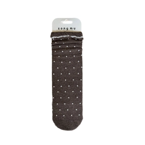 Japanese retro dark brown polka dot crew socks with white wave trim and knitted texture