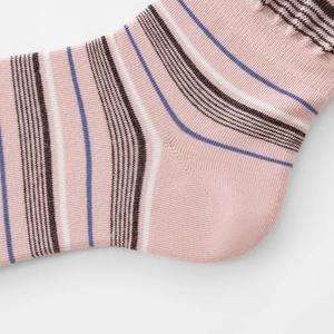 Gros plan de chaussettes rayées roses montrant les coutures fines et la texture du tricot