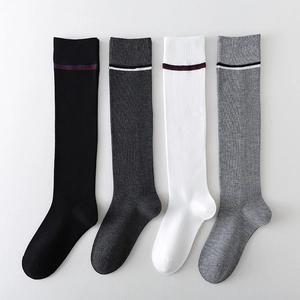 Preppy School Style Knee High Socks Women Cotton Blend Ribbed Knit Two Stripe Japanese Fashion Calf Socks