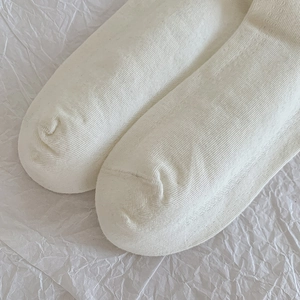 Dettaglio ravvicinato di calze bianche in maglia con trama fine in cotone e punta piatta