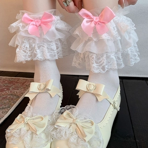 White lace trim socks with pink satin bows in sweet Lolita style for women