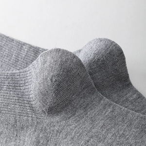 Detailed macro view of the high-density cotton knit heel and stitching on gray socks