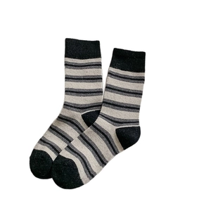 Classic black and grey striped wool crew socks with reinforced heels for autumn and winter
