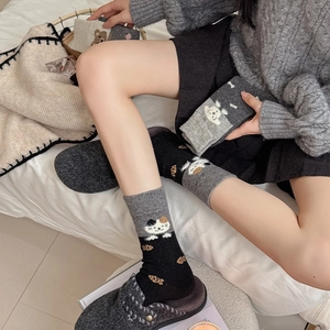 Chaussettes mi-hautes style japonais avec motif chat de dessin animé et maille