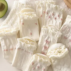 Japanese Sweet Mid-Calf Socks For Women Lace Ruffle Bowknot Floral Embroidery Polyester Knitting Breathable Crew Socks