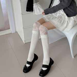 Detail of white knee-high socks featuring vertical ribbed texture and delicate lace trim