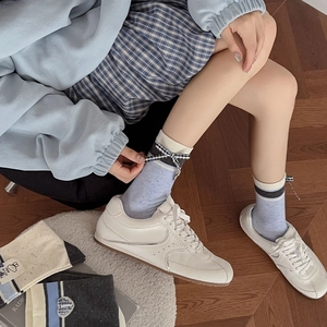 Blue and grey plaid bow mid-calf socks with speckled yarn in preppy style for women