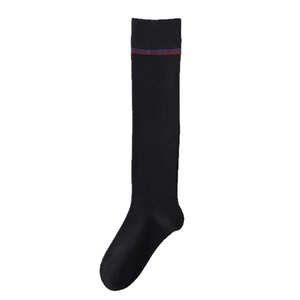 Classic black knee-high school socks with red and blue stripes on a white background