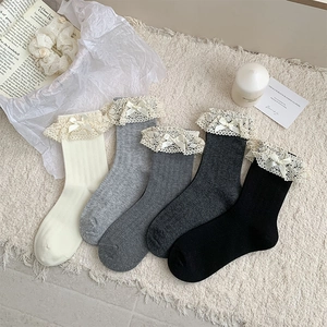 Socken Wadenhoch Damen Baumwolle Gerippt Mit Spitze Und Schleife Süßer Japanischer JK-Stil Retro Lolita Casual
