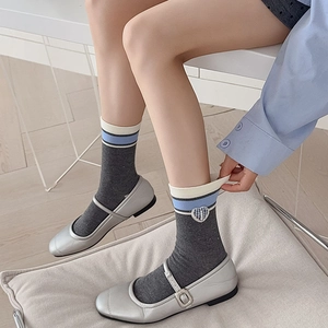 Preppy dark grey calf socks with heart patchwork, pearls and blue striped cuffs