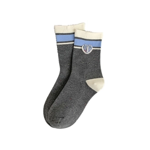 Grey collegiate mid-calf socks with blue plaid heart patch and ribbed cream cuffs