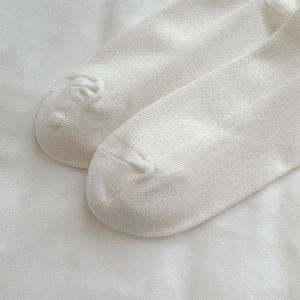 Detailed macro view of white lace calf socks showing knit texture and toe seam quality
