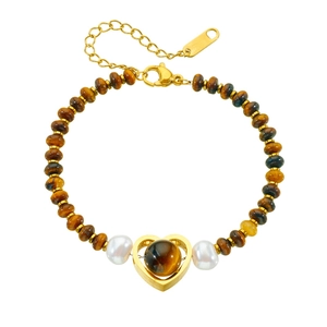 Tiger eye bead bracelet with heart pendant, freshwater pearls and adjustable chain