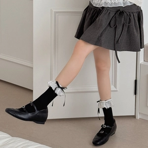Lace ruffle ankle socks with ribbon bow in black and white for Lolita fashion