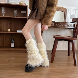 Faux Fur Leg Warmers Acrylic Sweet Bow Tie Lace Up Thickened Warm Autumn Winter Japanese Style For Women