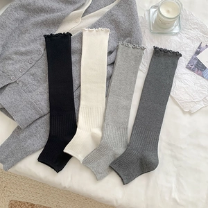Women Japanese JK Balletcore Leg Warmers Cotton Blend Ribbed Knit Ruffle Trim Lettuce Edge Footless Long Fashion Socks