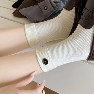 College style white ribbed mid-calf socks with decorative brown buttons for women