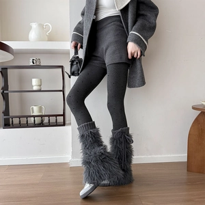 Dark grey faux fur leg warmers with bows for winter, fluffy and stylish aesthetic look