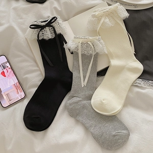 Sweet Lolita Mid Calf Socks Cotton Knitted With Lace Trim And Ribbon Bow For Women