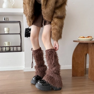 Chic mocha brown faux fur leg warmers with ribbed cuffs and lace-up bow details