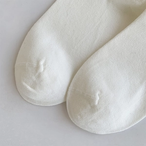 Close-up of white cotton socks showing fine vertical ribbed texture and flat seam toe detail