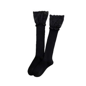 Knee-high black knit stockings featuring vertical stripes and elegant lace trim borders