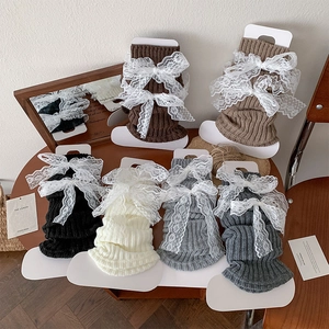 Jambières Lolita Noeud En Dentelle Tricot Acrylique Chaussettes Longues Nervurées Style Japonais Kawaii Balletcore Femmes