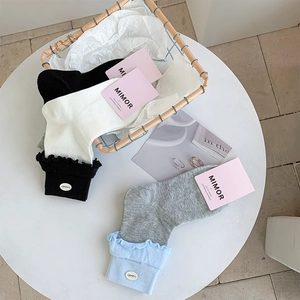 Detailed view of ruffled knit socks with button labels in blue, grey and white