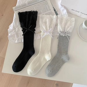 Women Calf Socks Cotton Ribbed Lace Trim Bowknot Decor Ballet Style Sweet Lolita Fashion Accessory