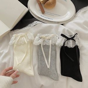 Detailed texture of Lolita style knit socks with lace trim and ribbon bows in three colors