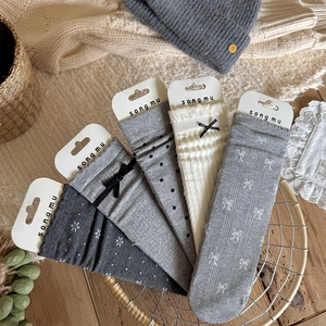 Women Mid-Calf Socks Cotton Ribbed Bowknot Decoration Polka Dot Floral Ruffle Trim Retro Sweet Style Winter Warm