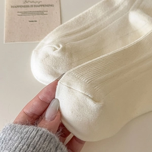 Close-up of cream-white knitted knee-high socks showing ribbed texture and heel details