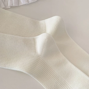 Close-up of white ribbed knit cotton socks with lace trim and soft texture detail